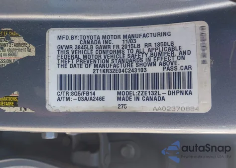 2004 Toyota Matrix Xr из США, поврежденный, VIN 2T1KR32E04C243103